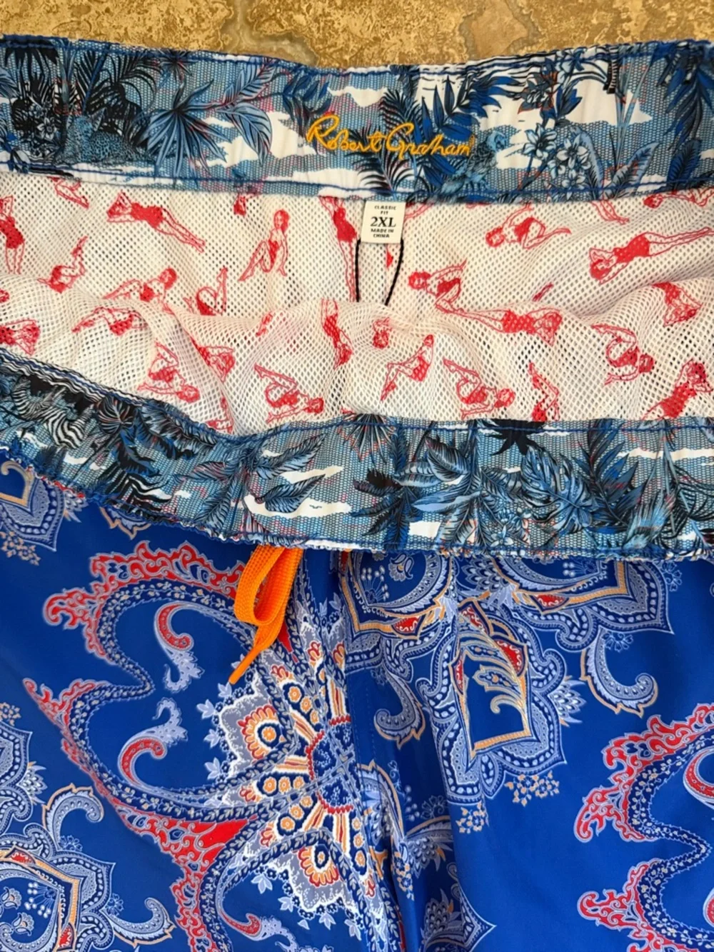 NWT 2XL Robert Graham Blue Paisley Swim Trunks with Orange Drawstring